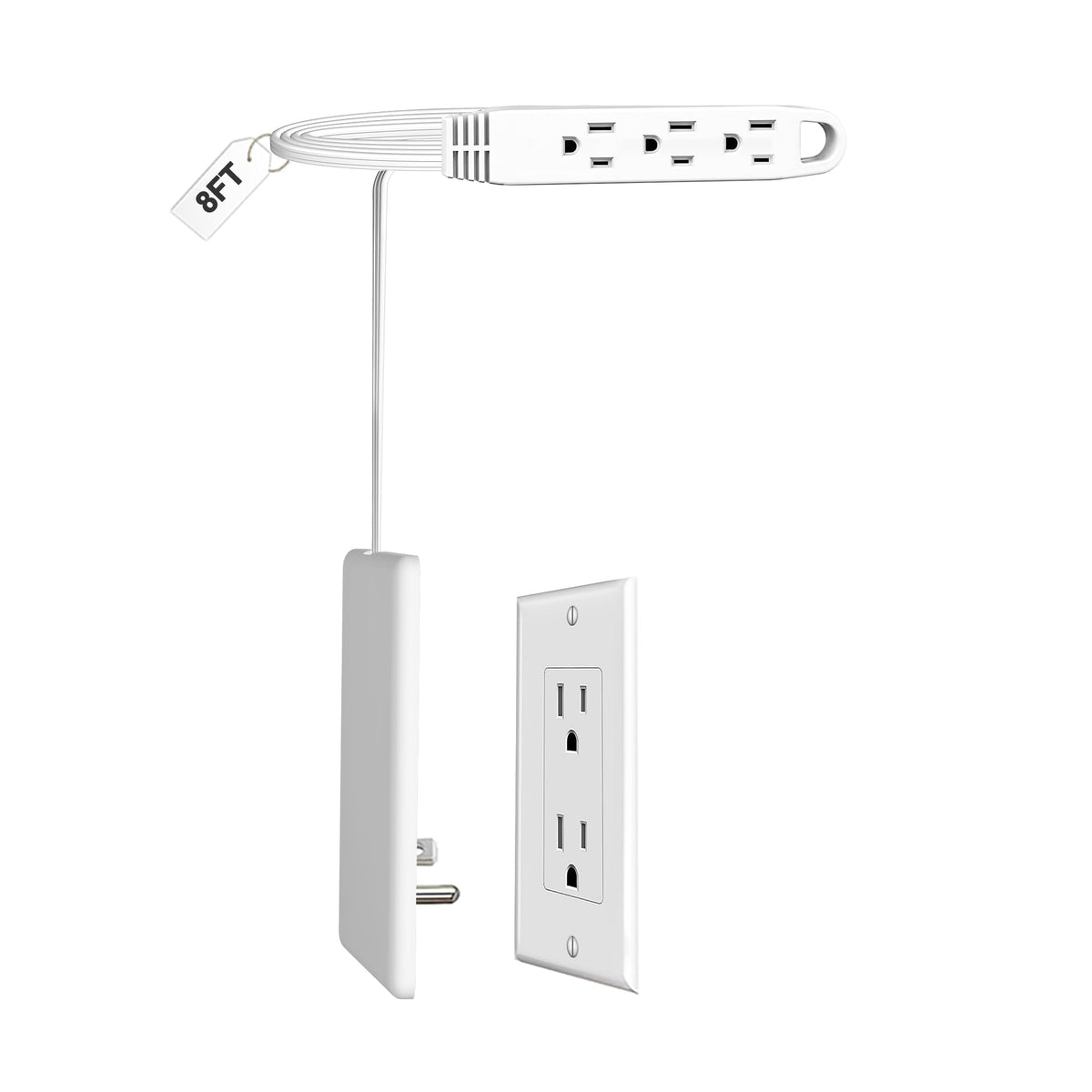 CABOCASA 3FT Flat Plug Extension Cord Power Strip 3 Outlets White Upward