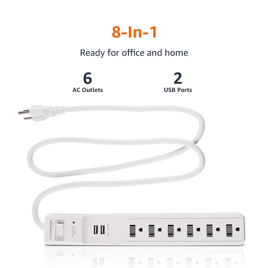 Amazon Basics Surge Protector Power Strip, 6-Outlet, 790 Joules, 6ft Extension Cord, Safety Shutters, White