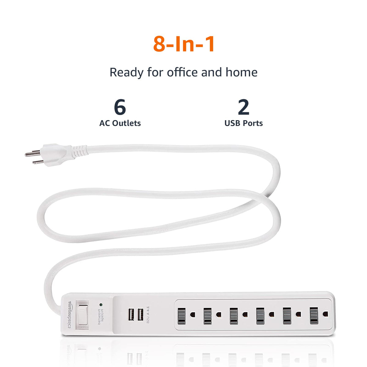 Amazon Basics Surge Protector Power Strip, 6-Outlet, 790 Joules, 6ft Extension Cord, Safety Shutters, White