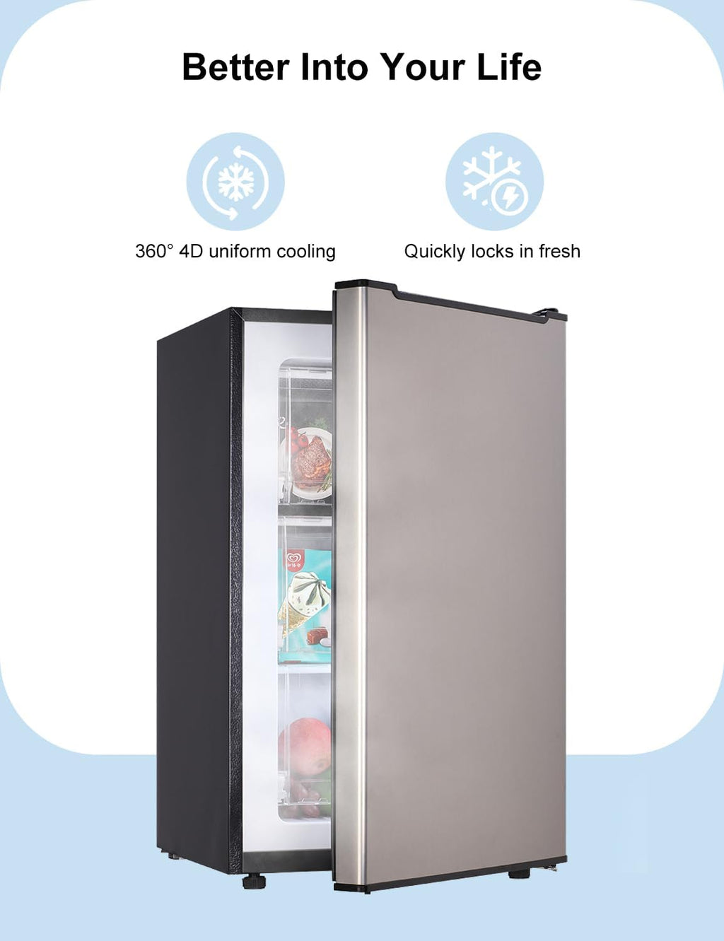 BODACIOUS 3.2 Cu.Ft Mini Freezer - Compact Upright Small Freezer - Silver