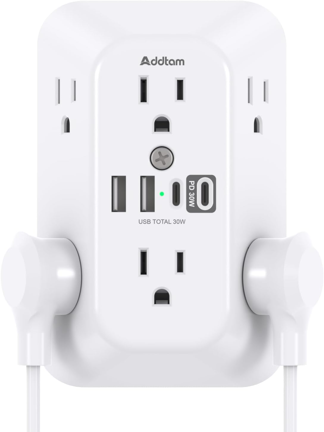 Addtam 6-Outlet Extender Surge Protector, Multi Plug Wall Outlet with 4 USB Wall Charger(PD 30W), Plug Extension Outlet with 1800J, Outlet Splitter Power Strip for Home Office, White