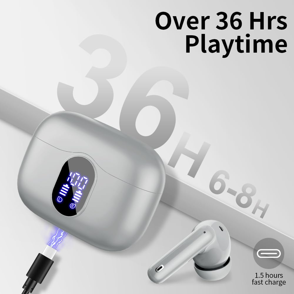 Wireless Earbuds, Bluetooth 5.4 Headphones Bass Stereo/Clear Calls, White