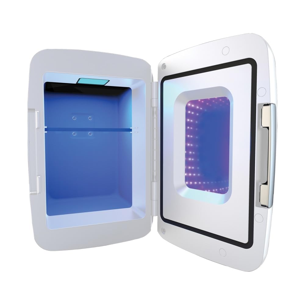 Frigidaire Gaming Light Up Mini Beverage Refrigerator, 6 can, 4 liters, Cooler with large see through door and LED lights Perfect for Gaming Experience, Home, Office, or Cars.12V Charger (Blue)