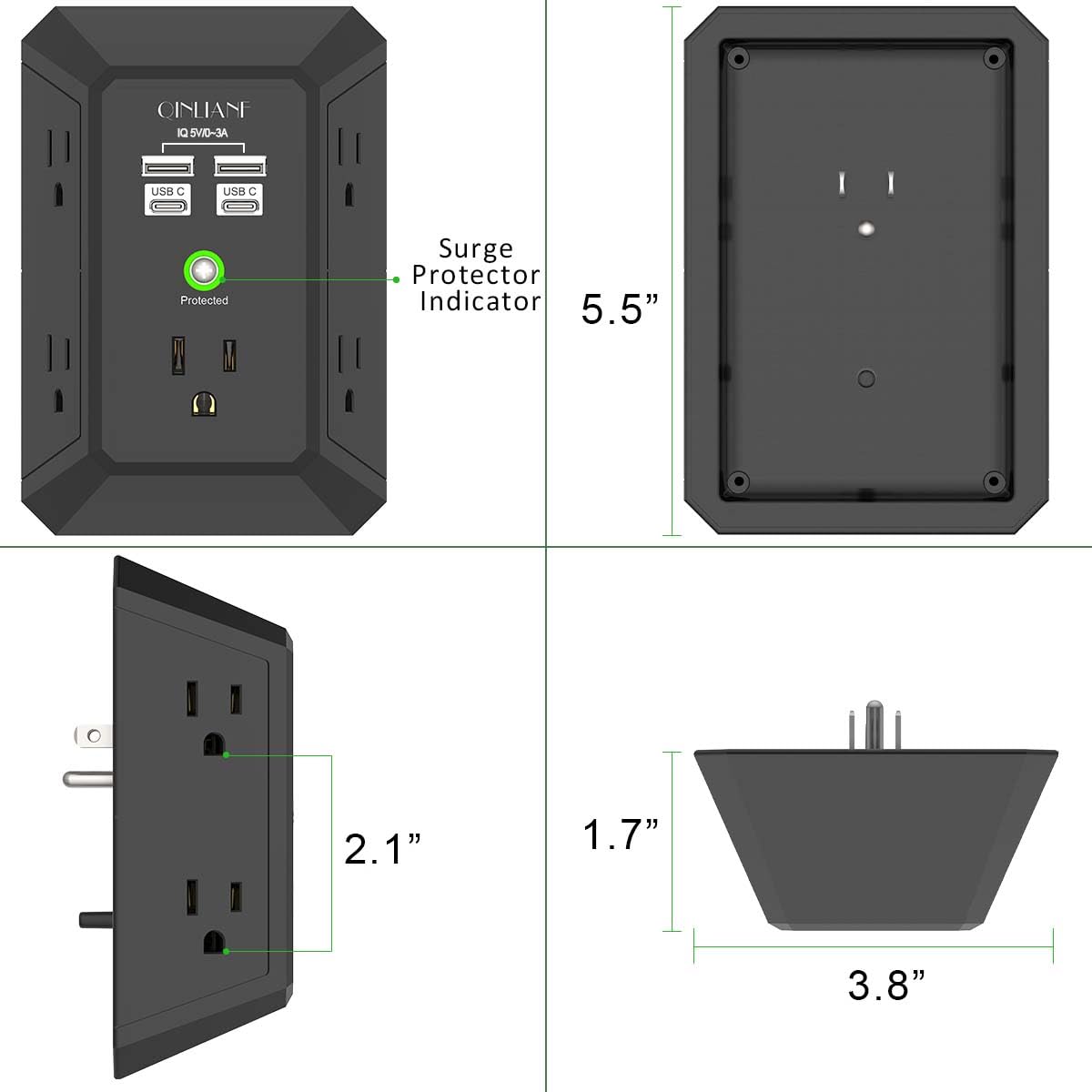 Surge Protector, QINLIANF 5 Outlet Extender with 4 USB Ports(2USB-C)