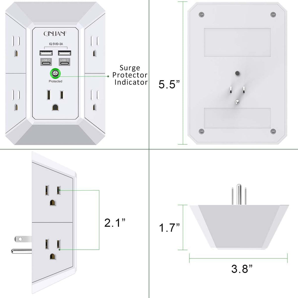 Surge Protector, QINLIANF 5 Outlet Extender with 4 USB Ports(2USB-C)