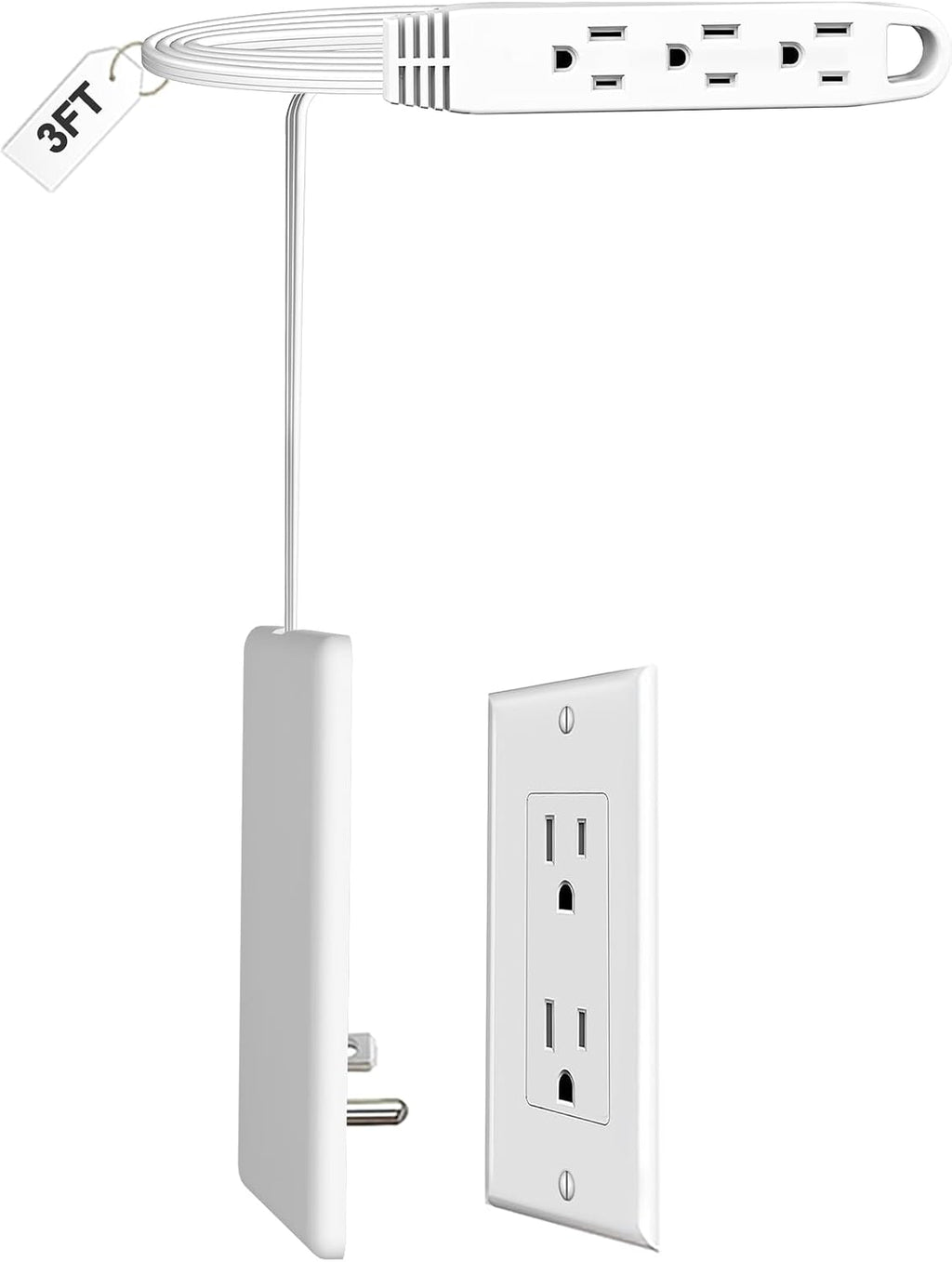 CABOCASA 3FT Flat Plug Extension Cord Power Strip 3 Outlets White Upward
