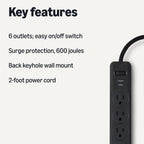 Amazon Basics Surge Protector Power Strip, 6-Outlet with 200J Protection, Circuit Breaker, LED Indicator, On/Off Switch, Wall-Mounting, 2ft Extension Cord, White, 2-Pack