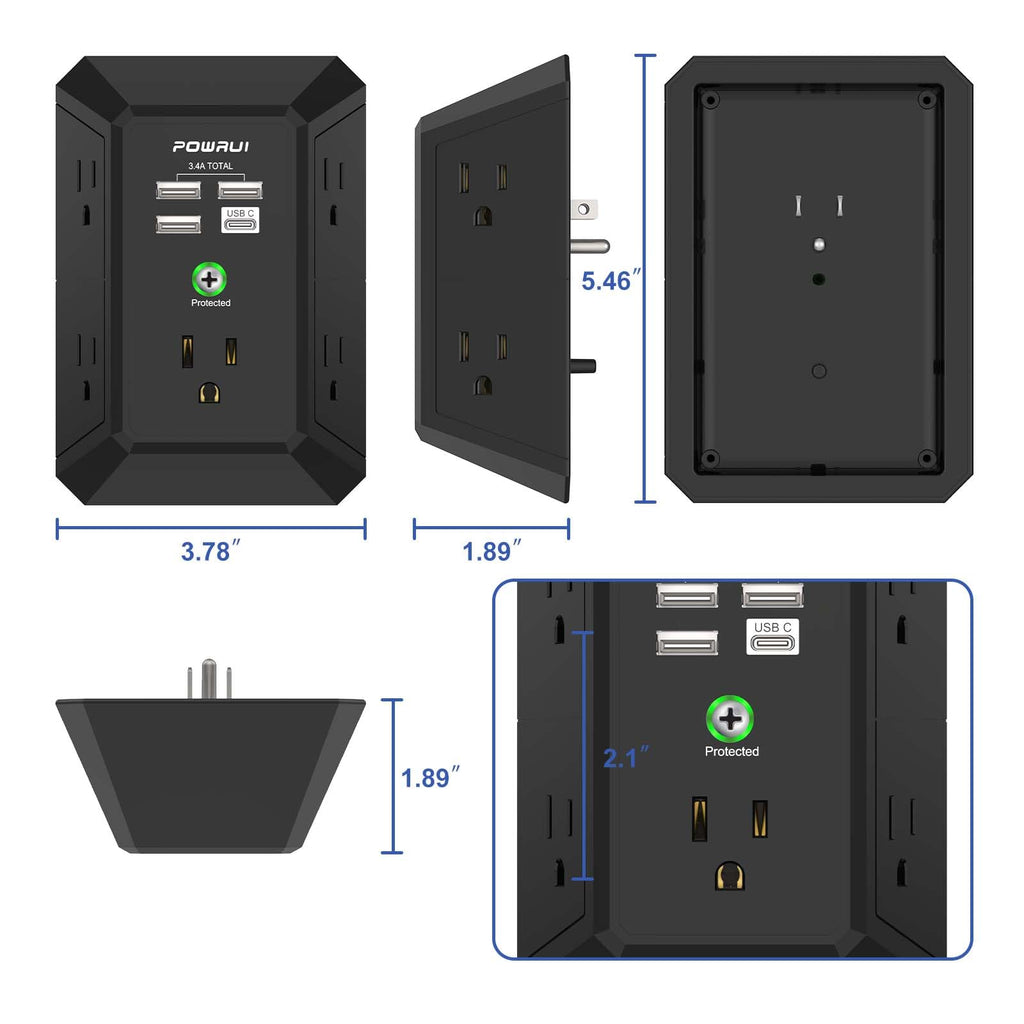 Multi Plug Wall Outlet Night Light, POWRUI 6 Outlet Extender & 3 USB Ports