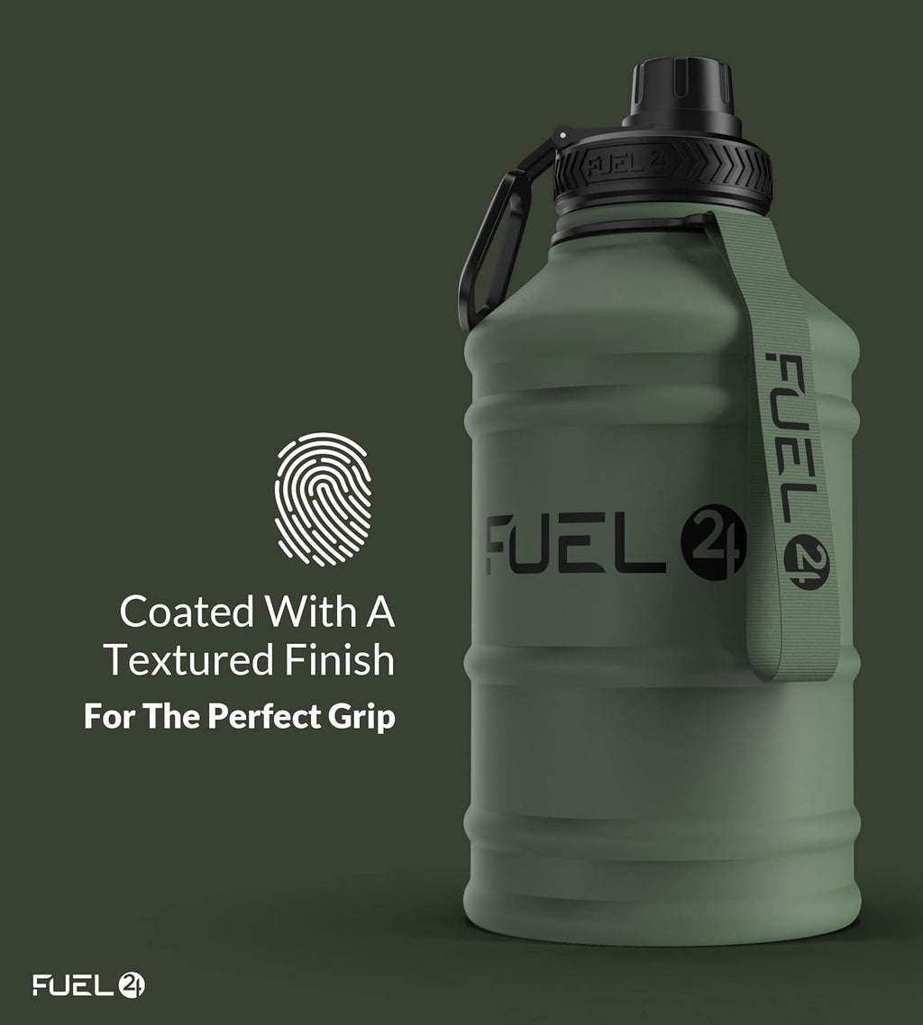 Fuel24 Stainless Steel Jug - 1.3 or 2.2 Litre Water Bottle - Extra Strong, BPA Free, Leak Proof - Large Gym Sports Bottle, 1.3L, 2.2L, Metal Bottle - Colour Options