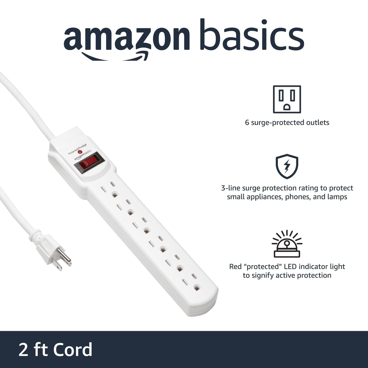 Amazon Basics Surge Protector Power Strip, 6-Outlet with 200J Protection, Circuit Breaker, LED Indicator, On/Off Switch, Wall-Mounting, 2ft Extension Cord, White, 2-Pack