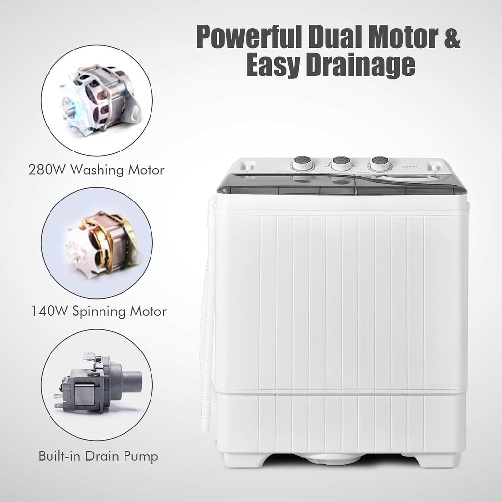 COSTWAY Portable Washing Machine, Twin Tub 26lbs Capacity Laundry, 18lbs Washer and 8lbs Spinner Combo with Timer Knobs, Built-in Drain Pump, Compact Washer for Home Dorm Apartment (Grey+White)