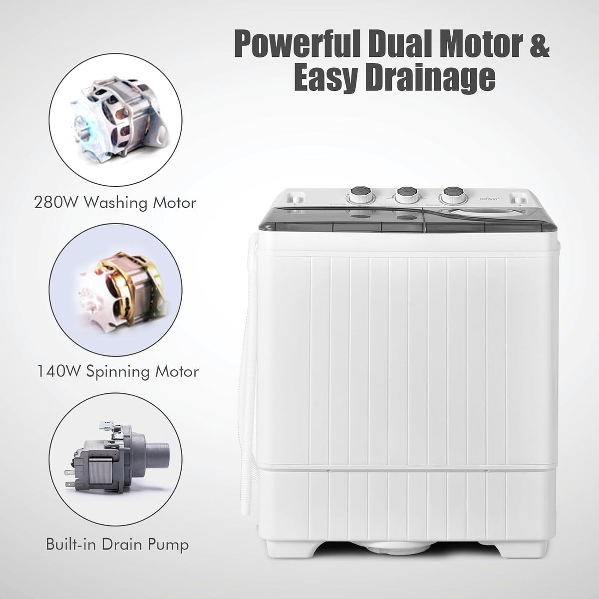 COSTWAY Portable Washing Machine, Twin Tub 26lbs Capacity Laundry, 18lbs Washer and 8lbs Spinner Combo with Timer Knobs, Built-in Drain Pump, Compact Washer for Home Dorm Apartment (Grey+White)