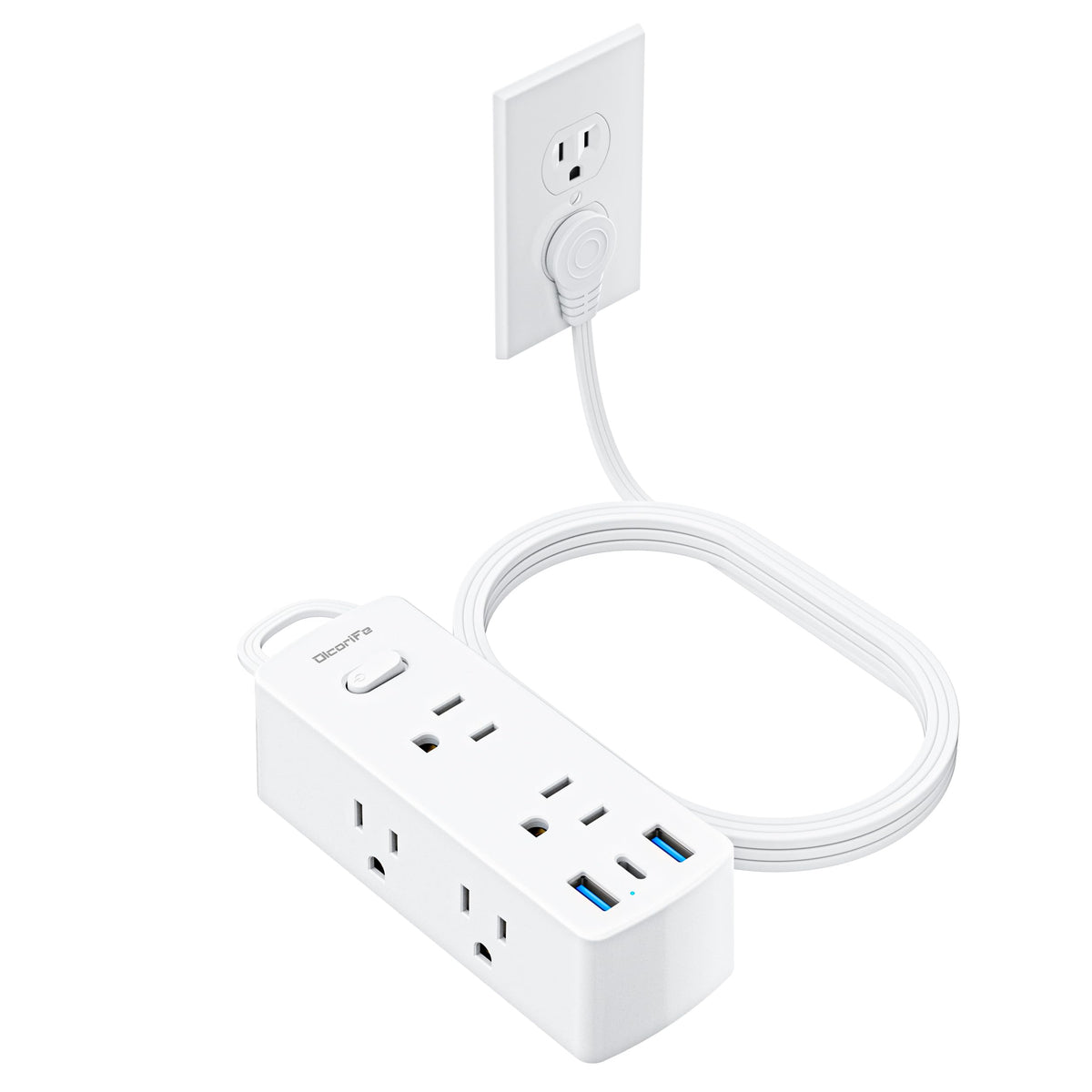 Olcorife Flat Plug Power Strip with 15 FT Extension Cord, 6 Outlets 3 USB Ports(1 USB C), 3 Sided Outlet Extender for Home Office Travel Dorm Room Essentials, White