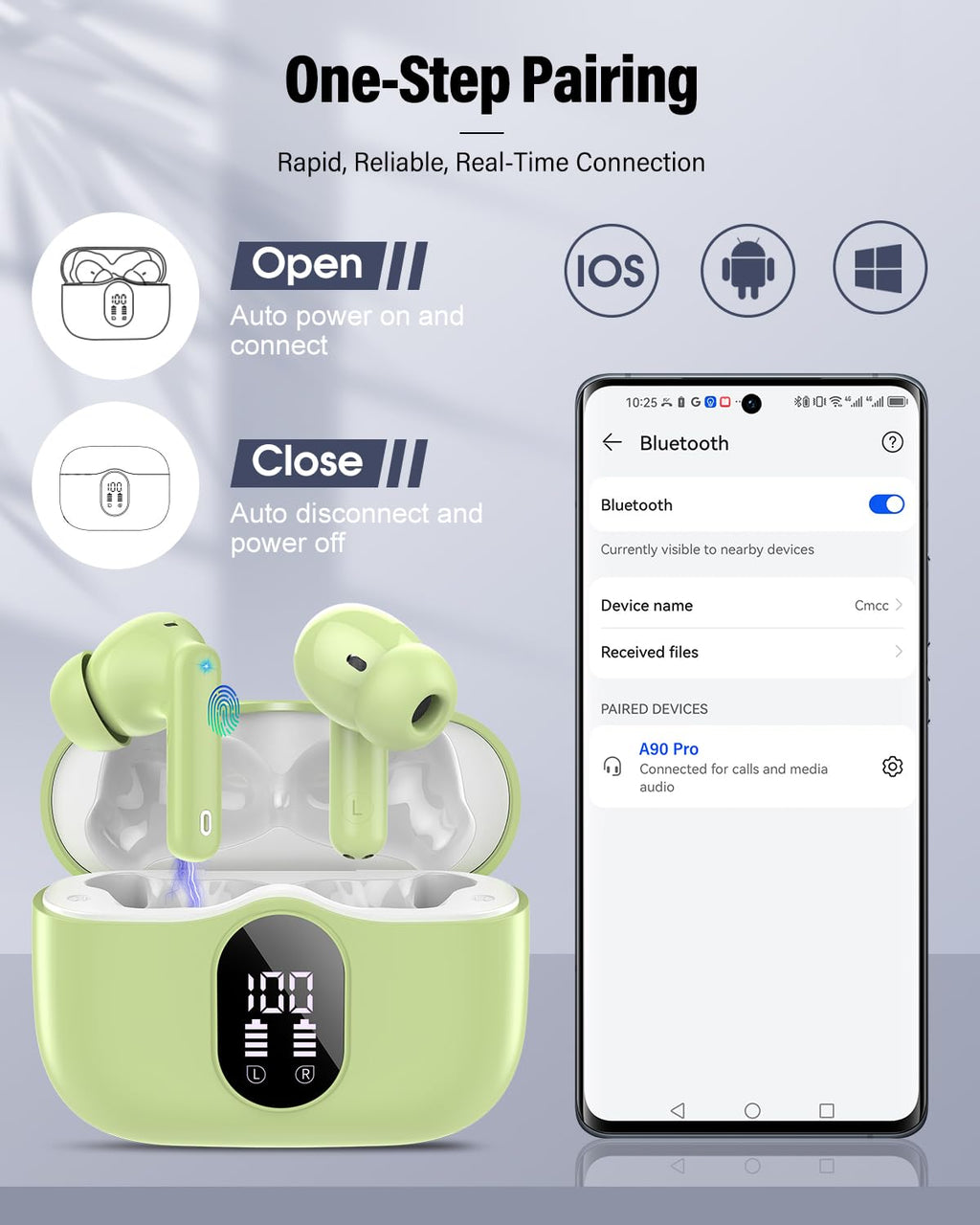 Wireless Earbuds, Bluetooth 5.4 Headphones Bass Stereo/Clear Calls, White