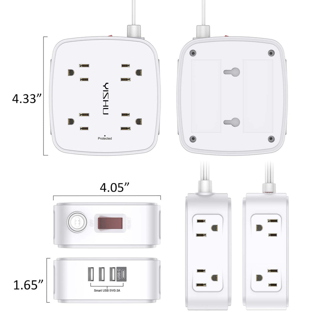 6 Ft Surge Protector Power Strip - YISHU 8 Widely Outlets with 4 USB Ports, 3 Side Outlet Extender with 6 Feet Flat Extension Cord, Ultra Flat Plug, Wall Mount, Desk USB Charging Station, ETL, Black
