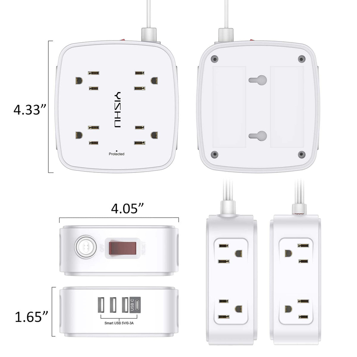6 Ft Surge Protector Power Strip - YISHU 8 Widely Outlets with 4 USB Ports, 3 Side Outlet Extender with 6 Feet Flat Extension Cord, Ultra Flat Plug, Wall Mount, Desk USB Charging Station, ETL, Black