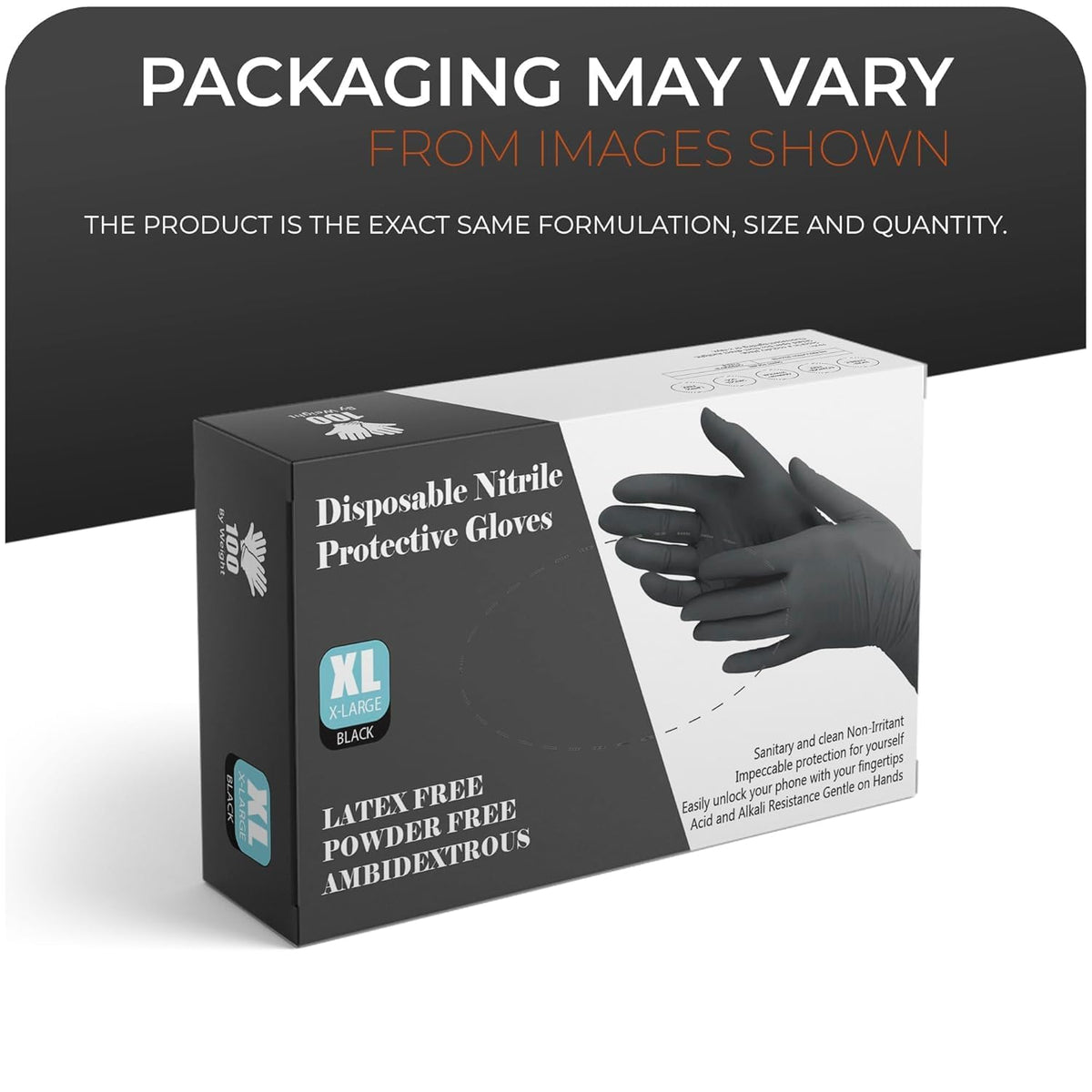The Real Touch Black Nitrile Multi-Purpose Disposable Gloves, Powder Free, Disposable, Extra Strong - Box of 100 (Black, Large)