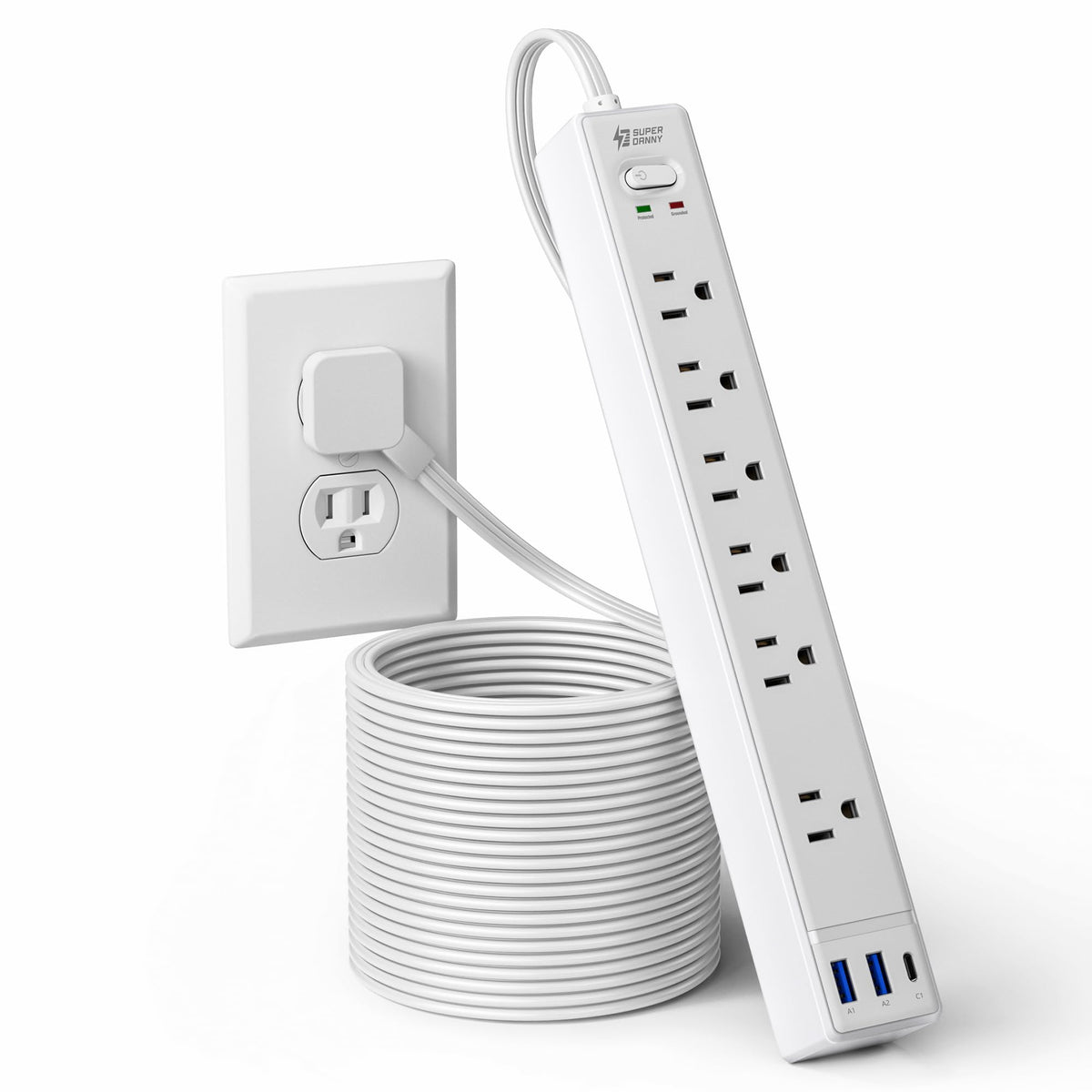 SUPERDANNY 6Ft Thin Extension Cord, Flat Plug Surge Protector Power Strip