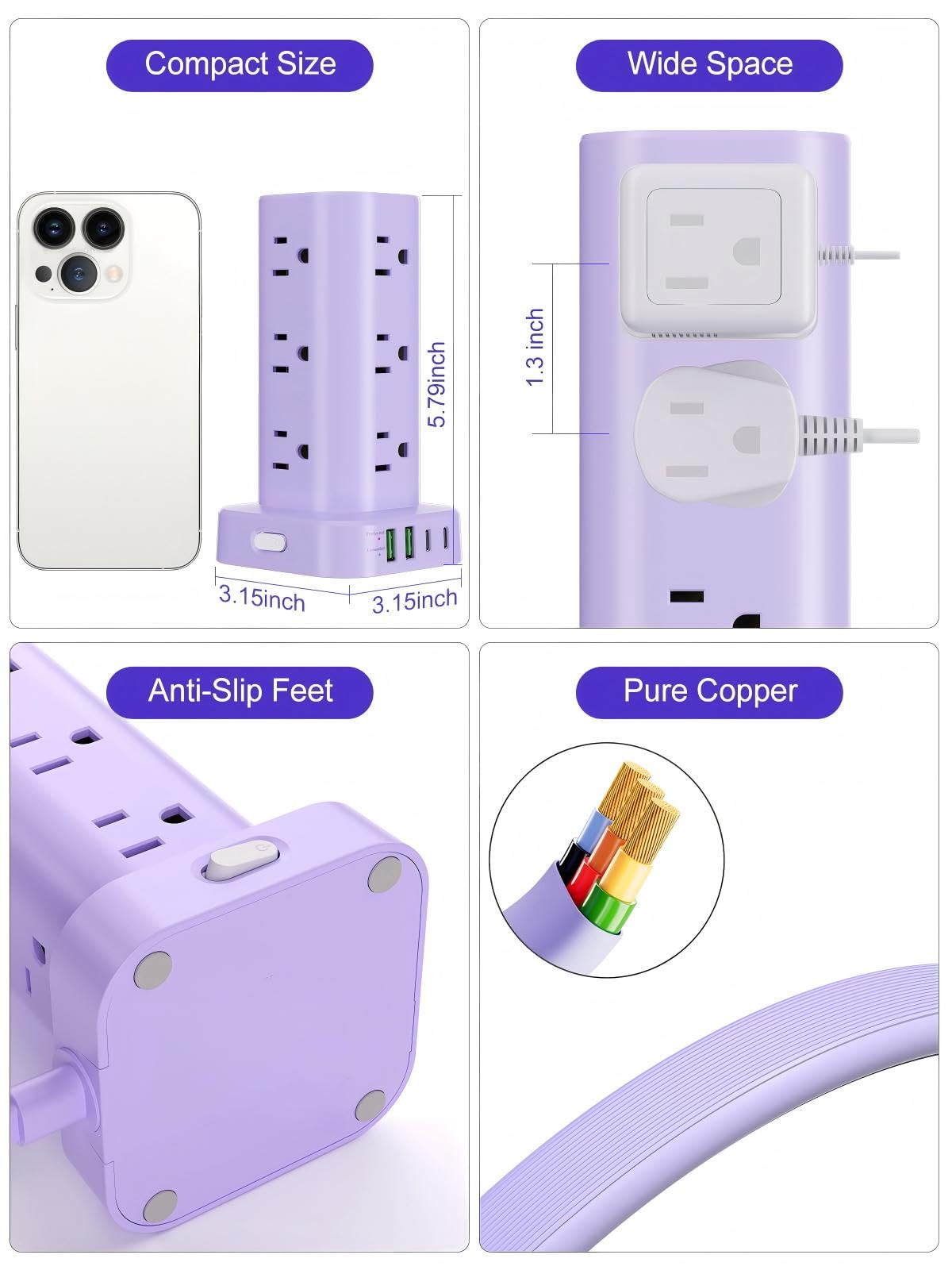 6FT Power Strip Tower with Wireless Charger,Surge Protector with 12 Outlets
