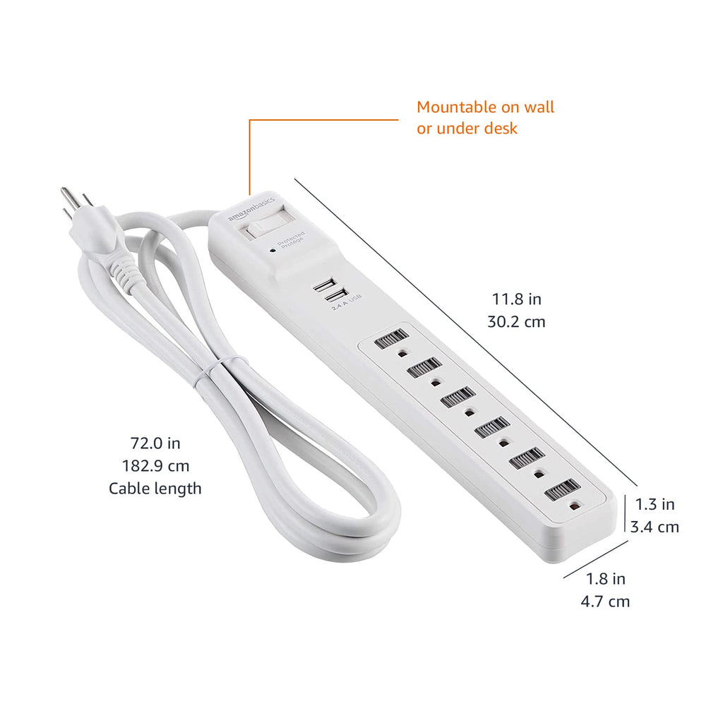 Amazon Basics Surge Protector Power Strip, 6-Outlet, 790 Joules, 6ft Extension Cord, Safety Shutters, White