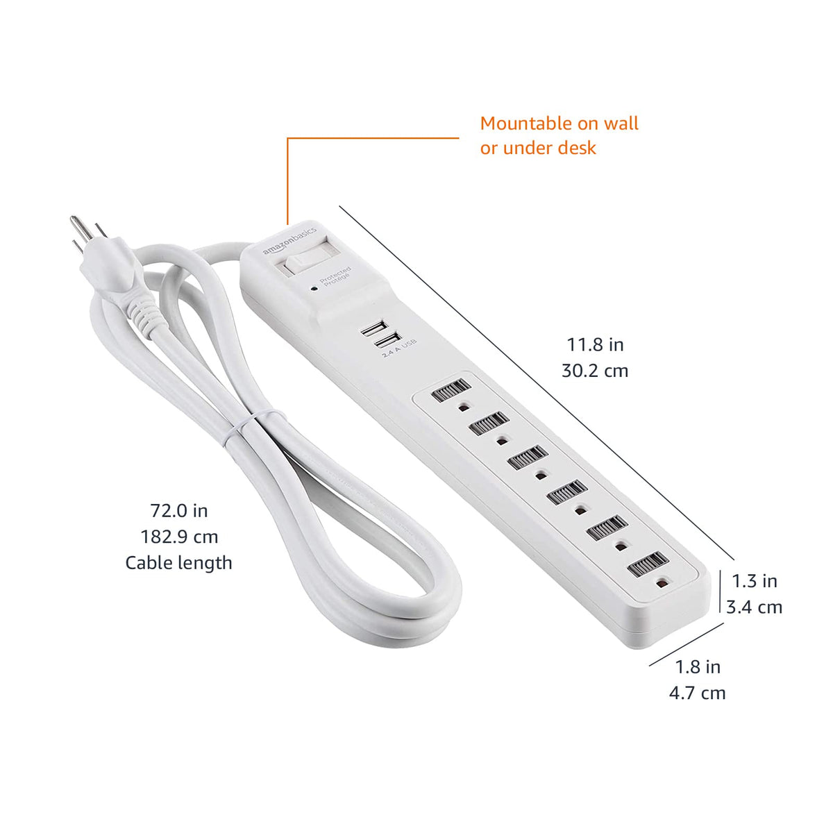 Amazon Basics Surge Protector Power Strip, 6-Outlet, 790 Joules, 6ft Extension Cord, Safety Shutters, White