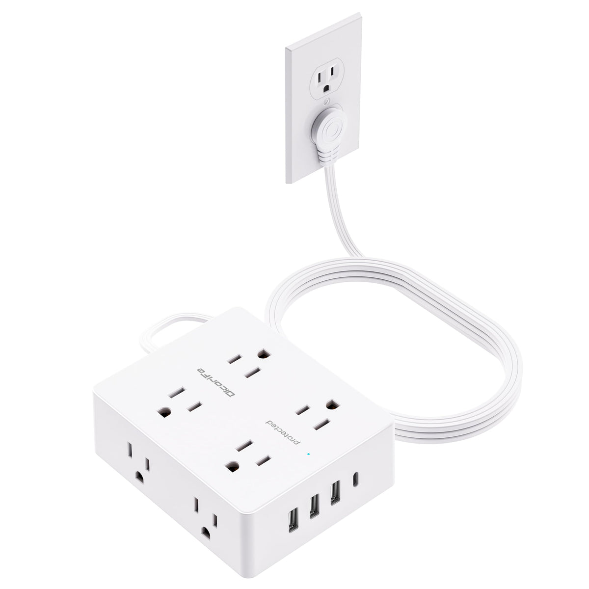 Olcorife Flat Plug Power Strip with 15 FT Extension Cord, 8 Outlets 4 USB Ports(1 USB C), 3 Sided Outlet Extender for Home Office Travel Dorm Room Essentials, White