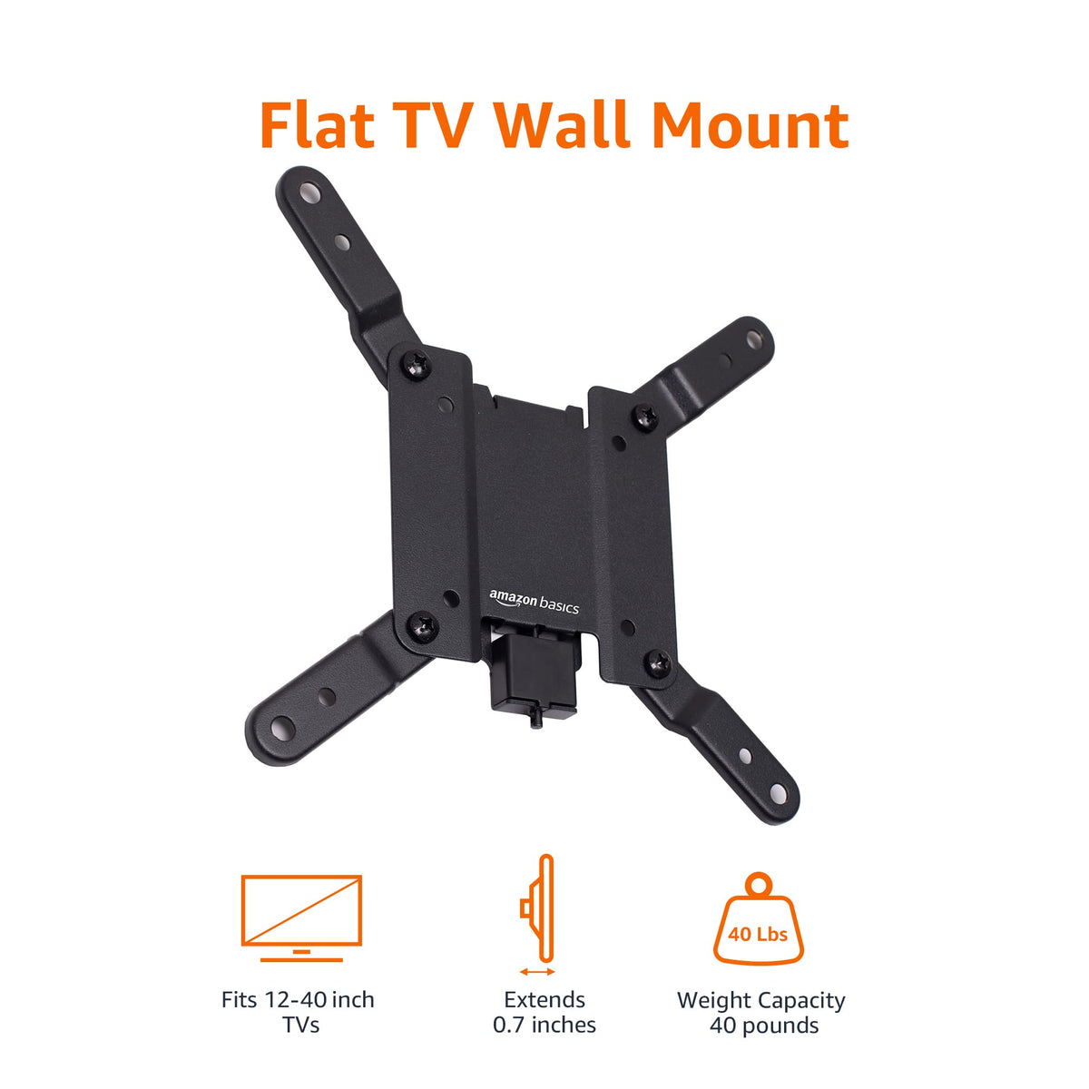 Amazon Basics Full Motion Articulating TV Wall Mount with Tilt Swivel, Extends 16 inches, VESA 200x200, for 12" to 40" TVs, 40 lbs, Black