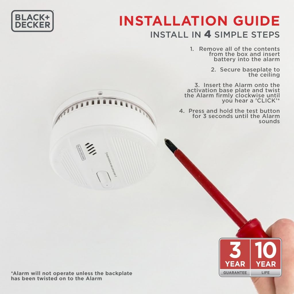 BLACK+DECKER Smoke Alarm for Home 10 Year Life with 9v Replaceable Battery