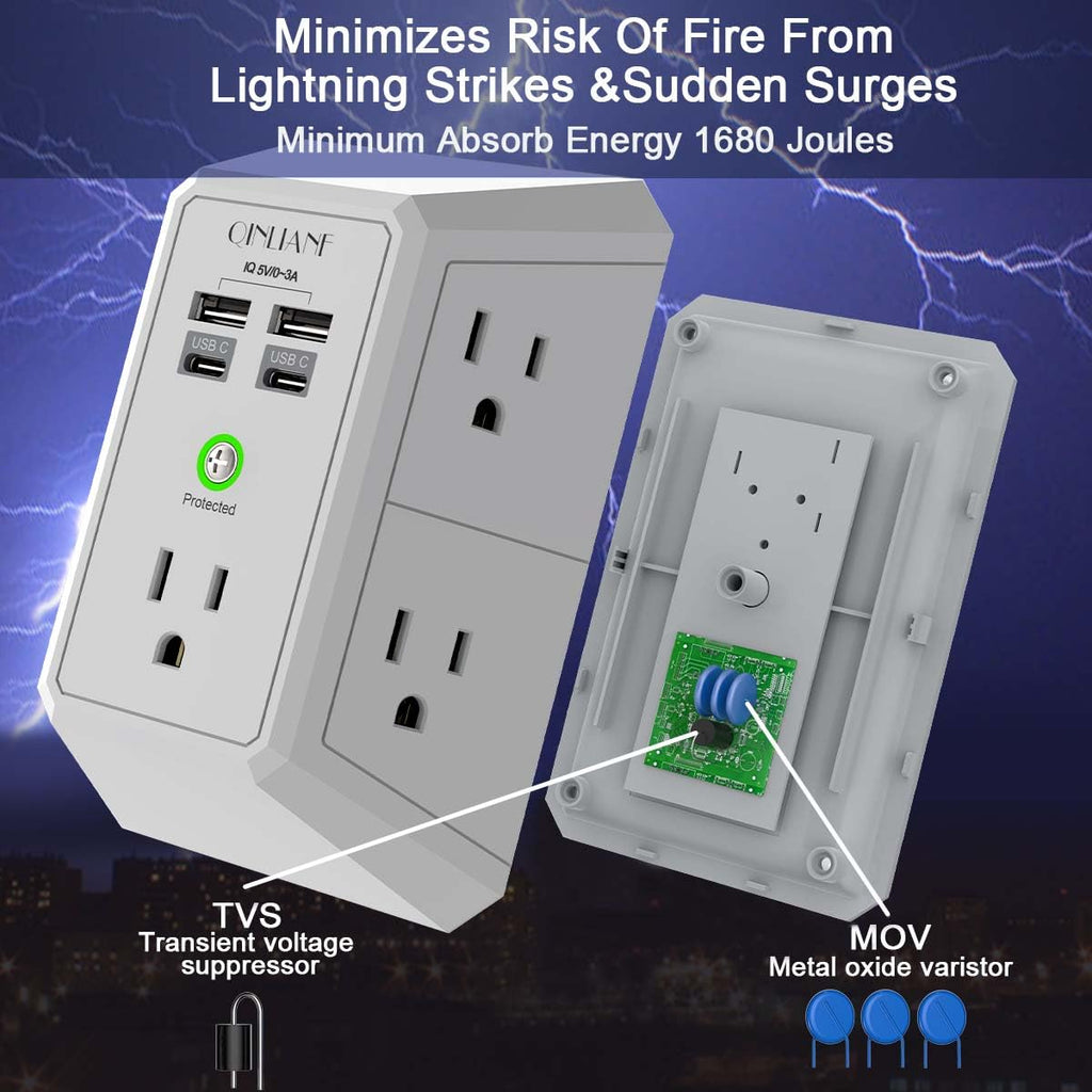 Surge Protector, QINLIANF 5 Outlet Extender with 4 USB Ports(2USB-C)