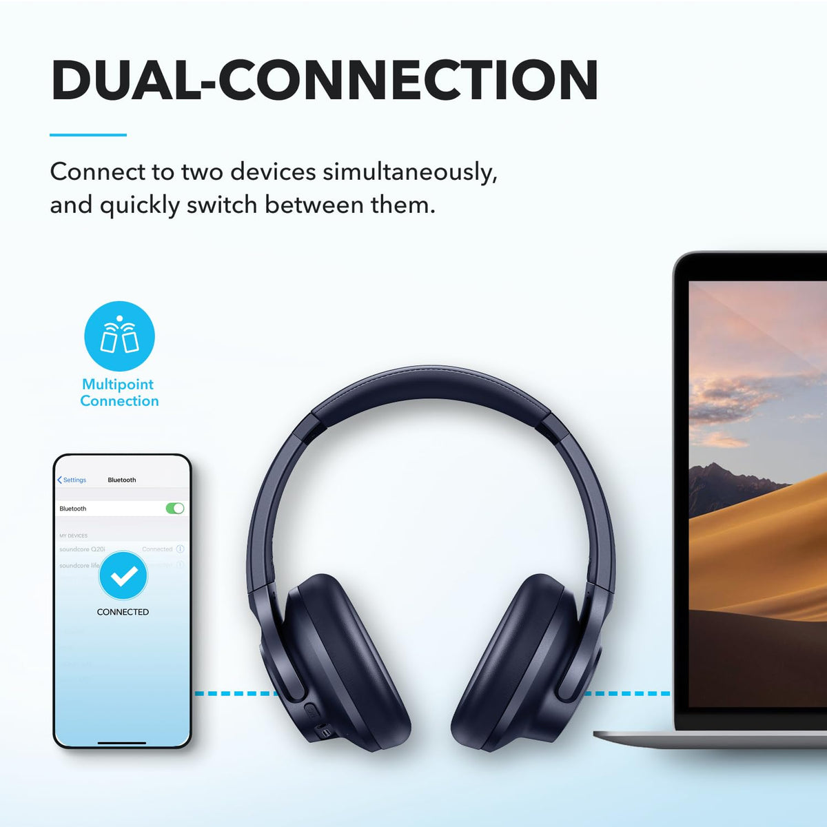 Soundcore by Anker Q20i Headphones with Protective Case, Blue, Bundle