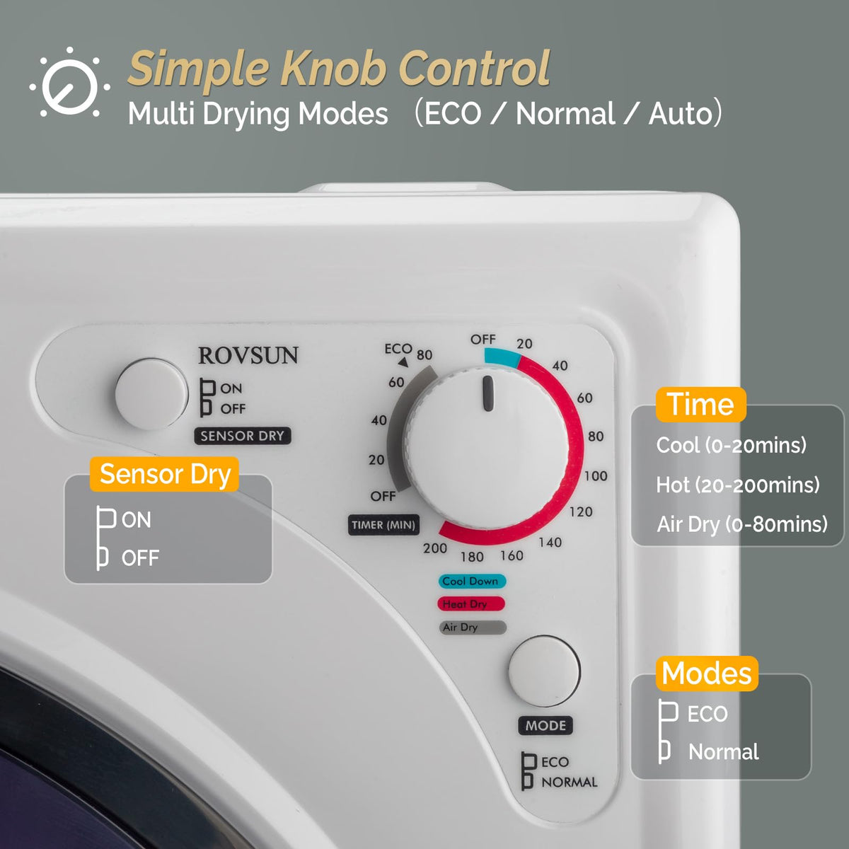 ROVSUN 110V Portable Clothes Dryer, High End Laundry Front Load Tumble Dryer Machine with Stainless Steel Tub & Simple Control Knob for Apartment, Dorm-850W, White