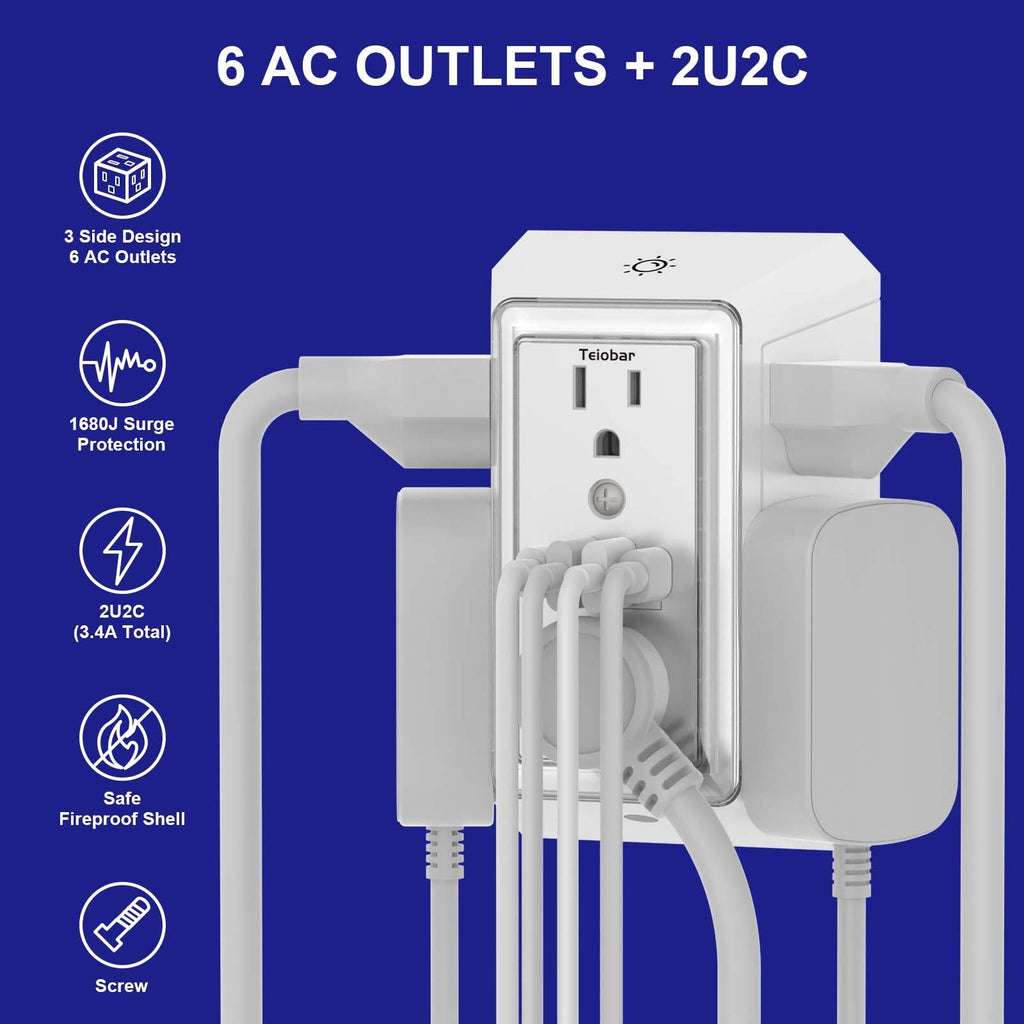 Multi Plug Wall Outlet Surge Protector with 6-Outlet & 4 USB Ports(2USB-C)