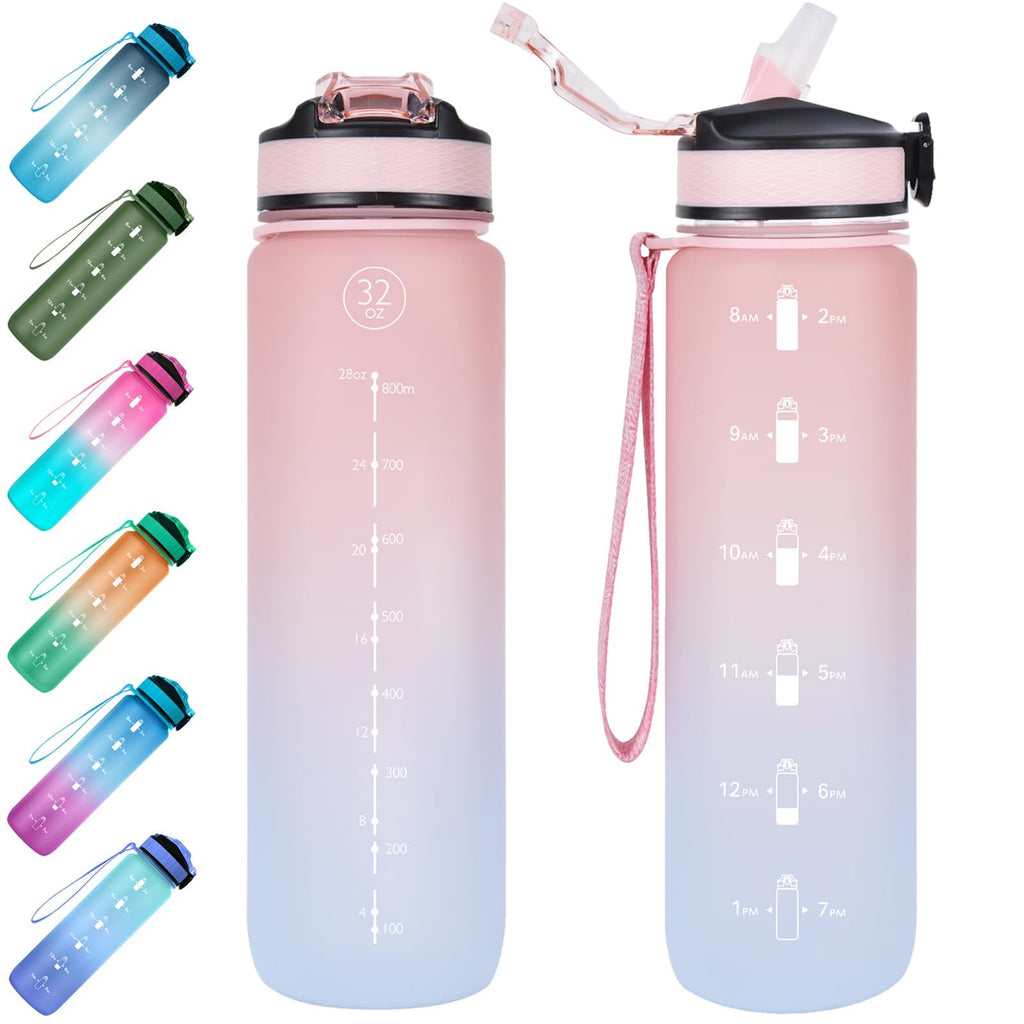 EYQ 1L Water Bottle, 1 Litre Water Bottle with Straw, 32oz Leak-Proof Motivational Sports Drinks Bottle with Time Marker, Tritan BPA-Free, Drinking Waterbottles for Gym Outdoor Sports