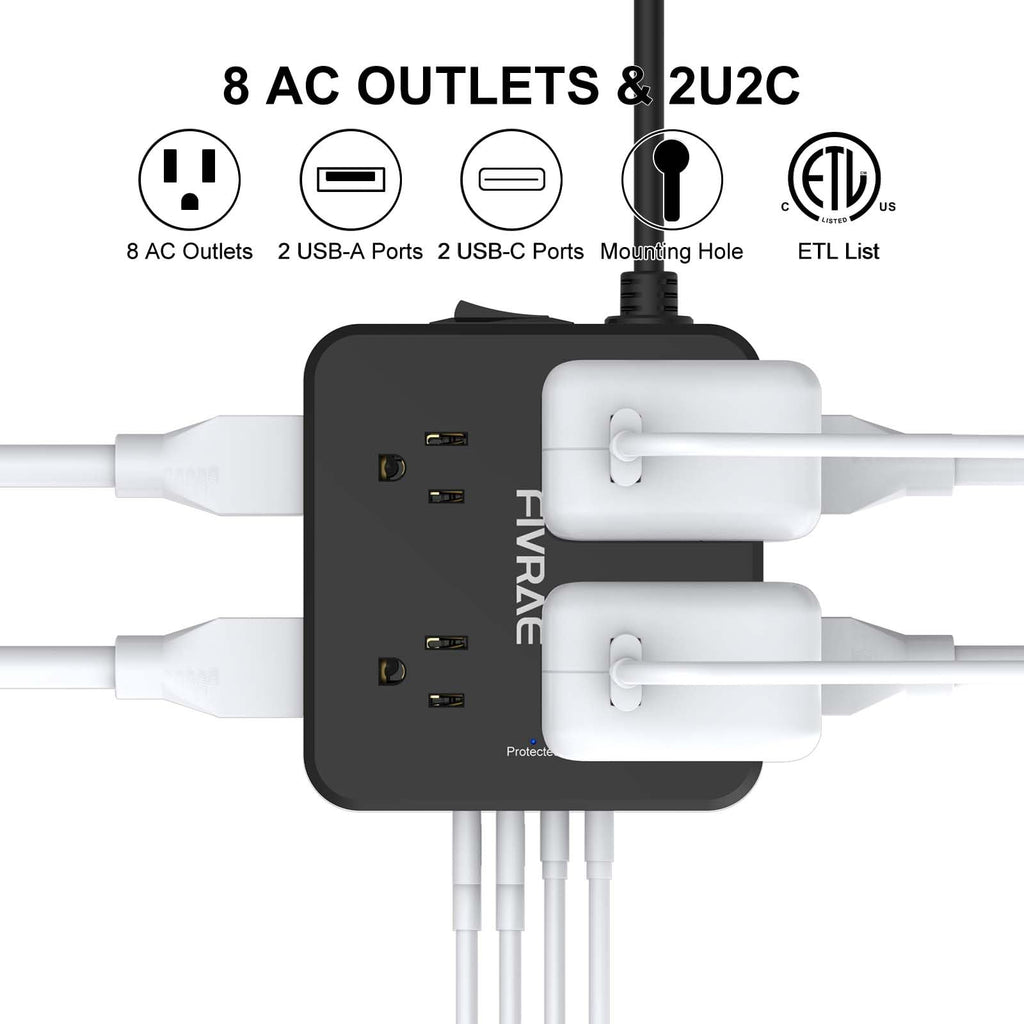 10Ft Extension Cord with Multiple Outlets, 8 Outlets and 4 USB Ports