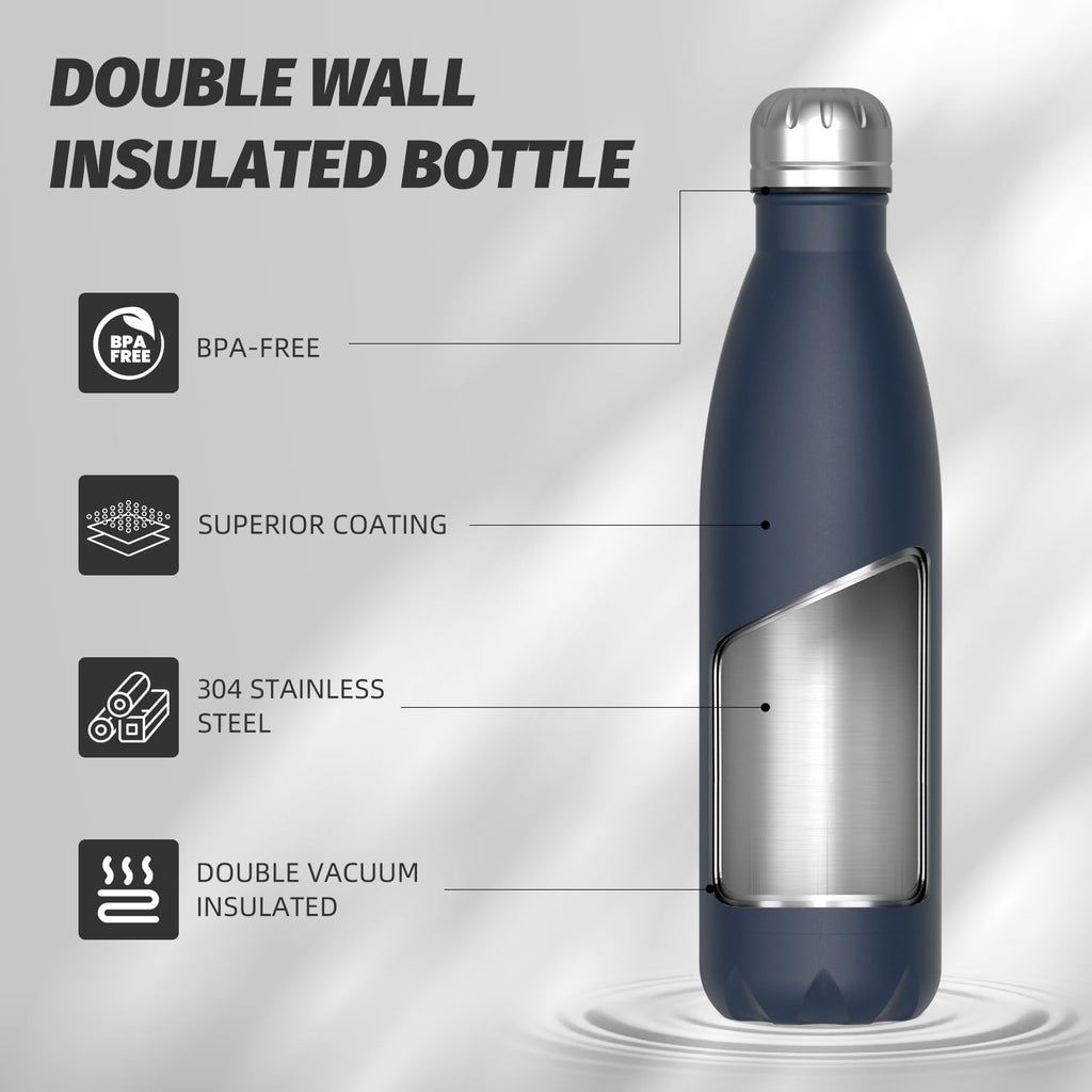 Stainless Steel Insulated Water Bottle, WATERSY Double Walled Metal Vacuum Flask Keep 24 Hrs Cold & 12 Hrs Hot Thermal Metal Sports Bottles 500ml BPA Free for Outdoor, Work, Gym, School (Black)