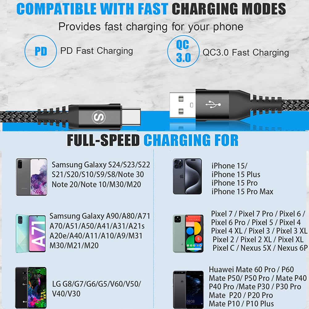 2-Pack 1M USB C Cable 3.1A Fast Car Charger Cable Compatible for iPhone 17 air 16 15 Plus Pro Max, Samsung Flip/Fold 7 6 5 4 3 S26 S25 S24 S10 S20 S21 S22 S23 A16/15/14/13/12 A35/A34 A56/55/54, Pixel
