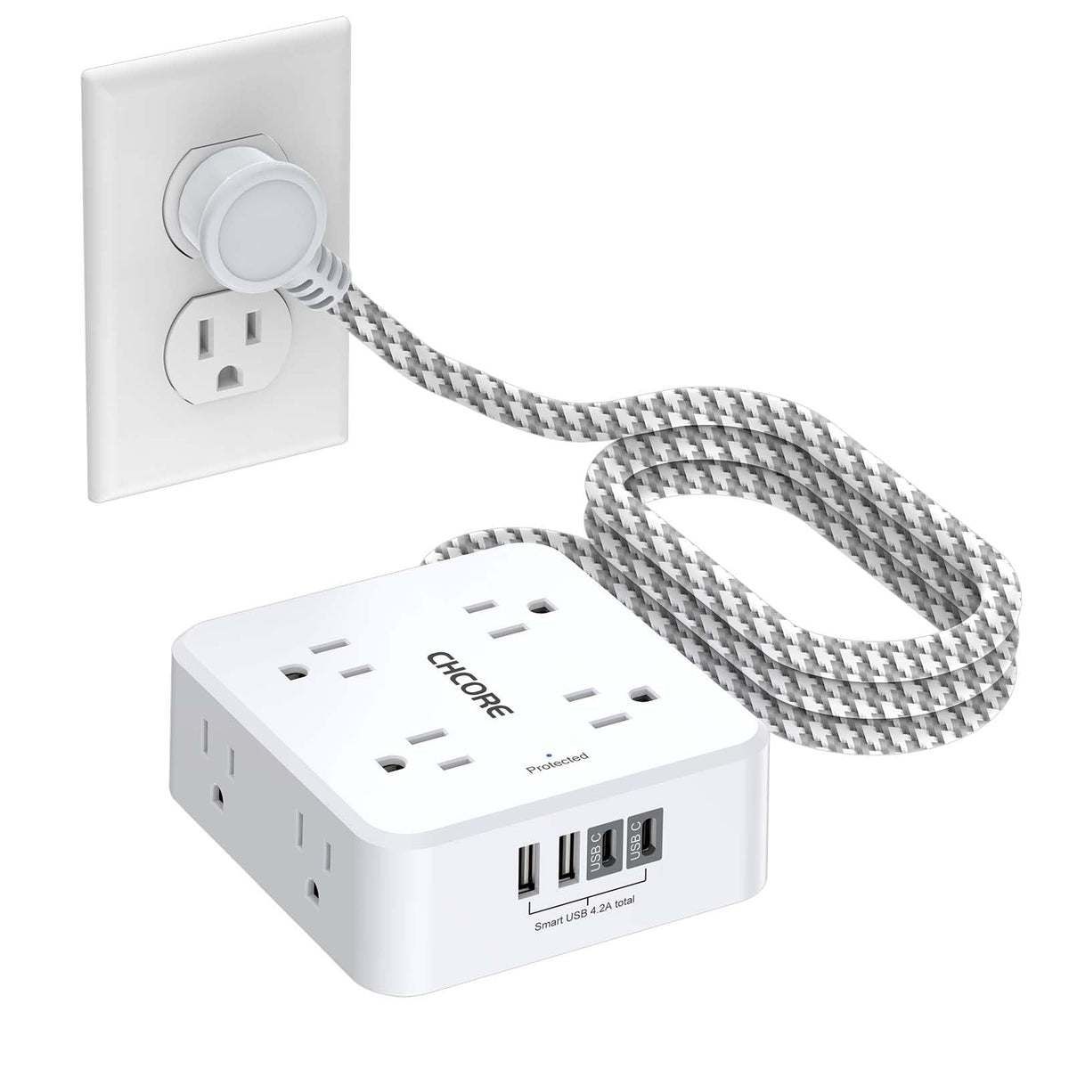Surge Protector Power Strip - CHCORE 10 Ft Braided Extension Cord with 8 Outlets with 4 USB (2 USB C) Charging Ports, Flat Plug Multi Plug Outlet Extender Charging Station for Home Office, ETL, White