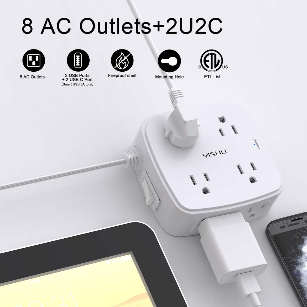 6 Ft Surge Protector Power Strip - YISHU 8 Widely Outlets with 4 USB Ports, 3 Side Outlet Extender with 6 Feet Flat Extension Cord, Ultra Flat Plug, Wall Mount, Desk USB Charging Station, ETL, Black