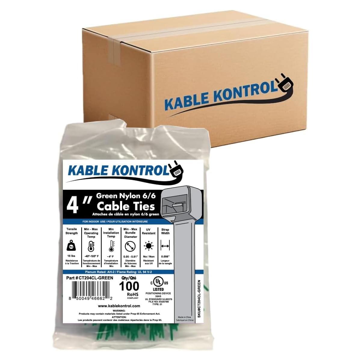 Kable Kontrol Cable Zip Ties, 4 Inch, 100 Pcs, 18lbs Test, Gray