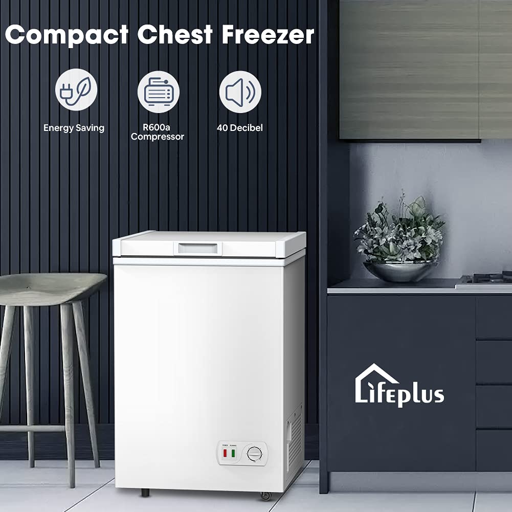 LifePlus Chest Freezer - 3.5 Cubic Feet Compact Deep Freezer Small Freezer 7 Adjustable Temperature with Removable Basket, Energy Saving Super Quiet for Garage, Office, Kitchen, or Apartment, Gray