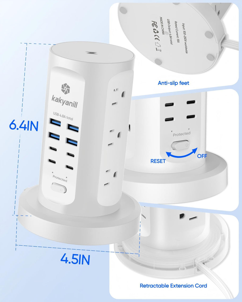 Power Strip Tower, kakyanill PD 65W Charging Station 9 AC Outlets 8 USB