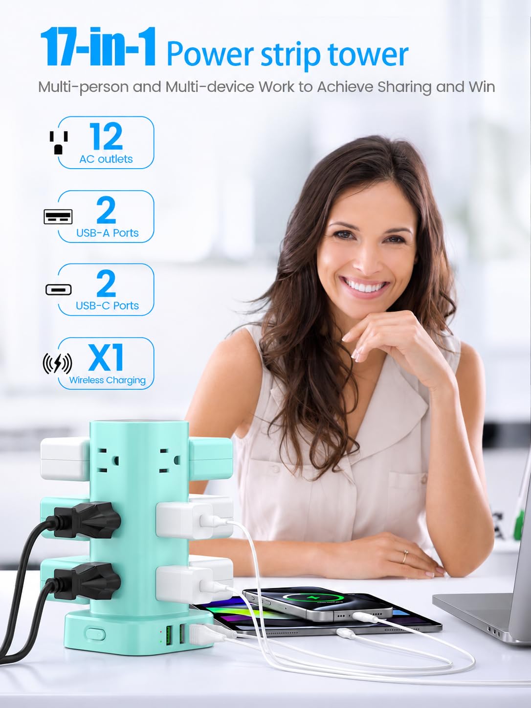 6FT Power Strip Tower with Wireless Charger,Surge Protector with 12 Outlets