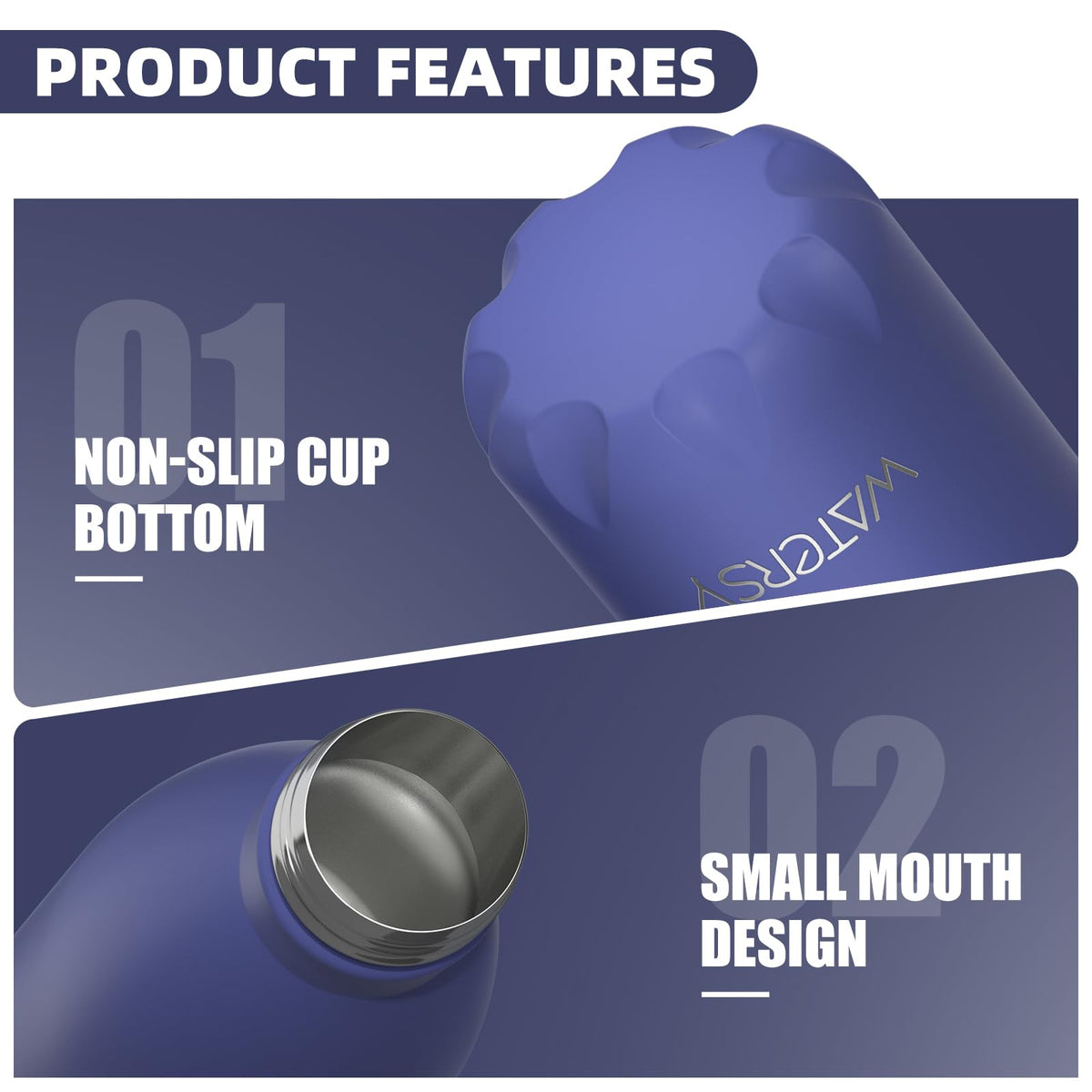 Stainless Steel Insulated Water Bottle, WATERSY Double Walled Metal Vacuum Flask Keep 24 Hrs Cold & 12 Hrs Hot Thermal Metal Sports Bottles 500ml BPA Free for Outdoor, Work, Gym, School (Black)