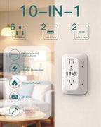 Addtam 6-Outlet Extender Surge Protector, Multi Plug Wall Outlet with 4 USB Wall Charger(PD 30W), Plug Extension Outlet with 1800J, Outlet Splitter Power Strip for Home Office, White