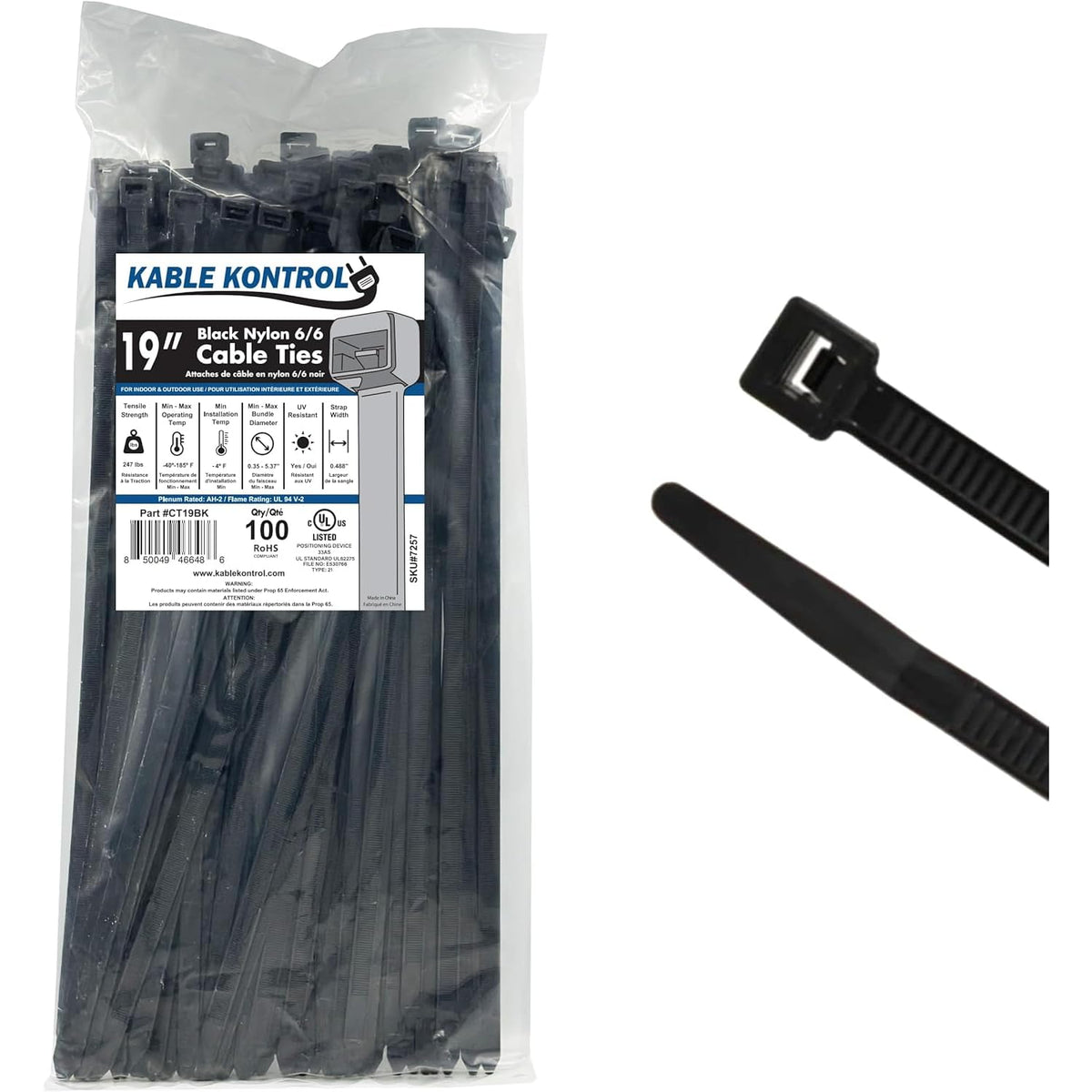 Kable Kontrol Cable Zip Ties, 4 Inch, 100 Pcs, 18lbs Test, Gray