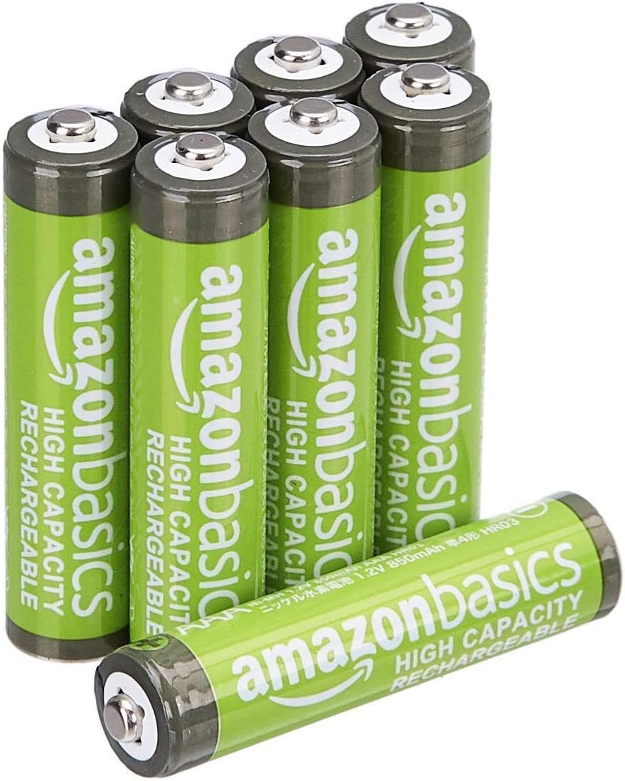 Amazon Basics 8-Pack Rechargeable AAA NiMH High-Capacity Batteries, 850 mAh, 1.2V, Recharge up to 500x Times, Pre-Charged