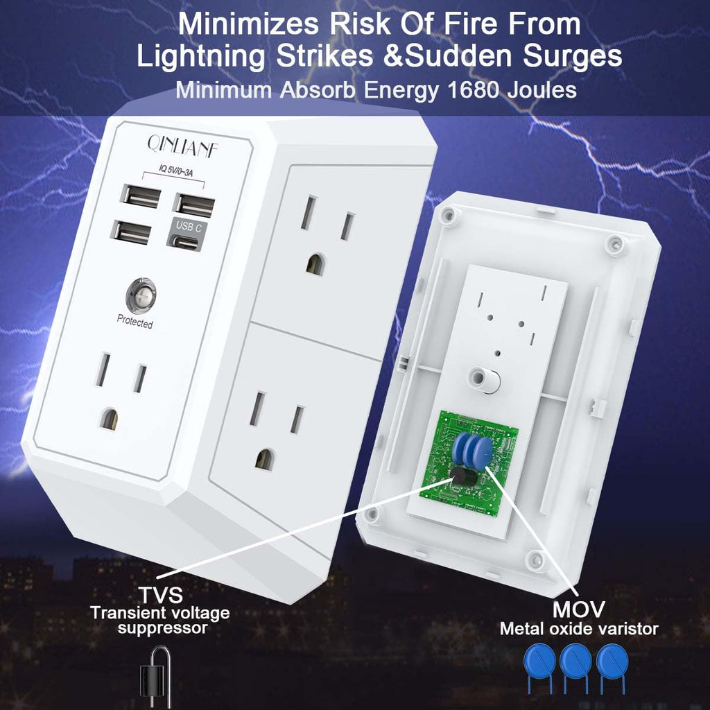 Surge Protector, QINLIANF 5 Outlet Extender with 4 USB Ports(2USB-C)