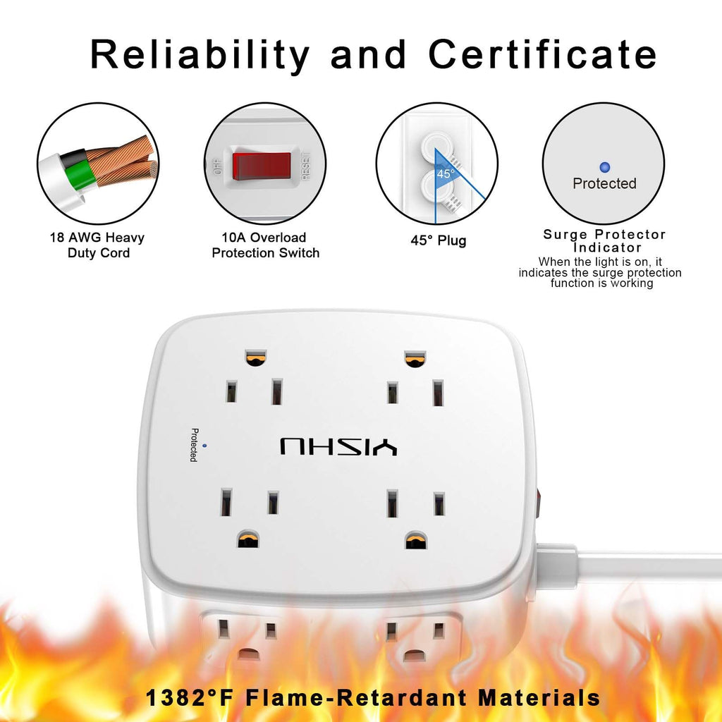 6 Ft Surge Protector Power Strip - YISHU 8 Widely Outlets with 4 USB Ports, 3 Side Outlet Extender with 6 Feet Flat Extension Cord, Ultra Flat Plug, Wall Mount, Desk USB Charging Station, ETL, Black