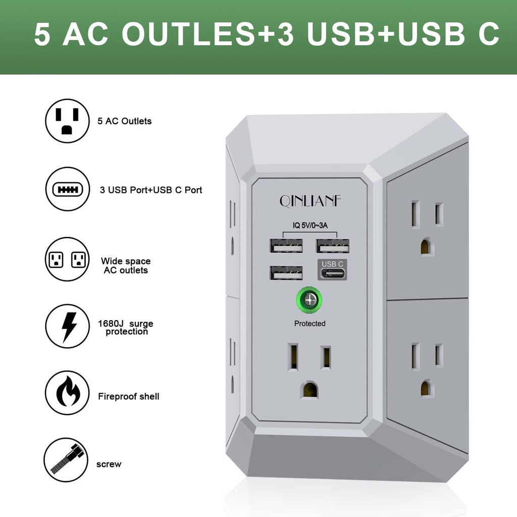 Surge Protector, QINLIANF 5 Outlet Extender with 4 USB Ports(2USB-C)