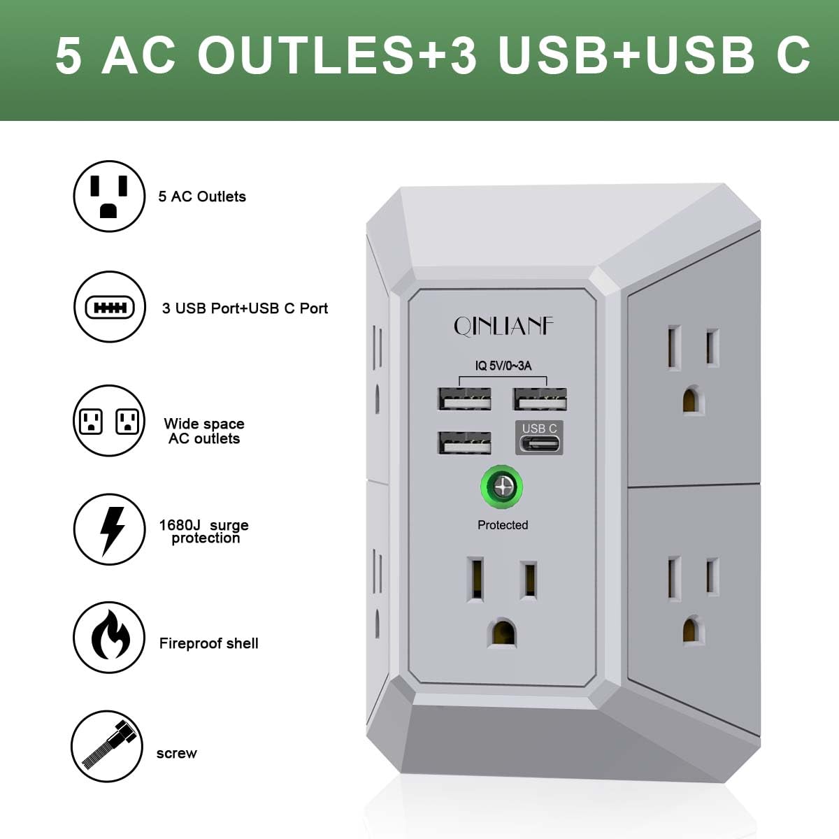 Surge Protector, QINLIANF 5 Outlet Extender with 4 USB Ports(2USB-C)